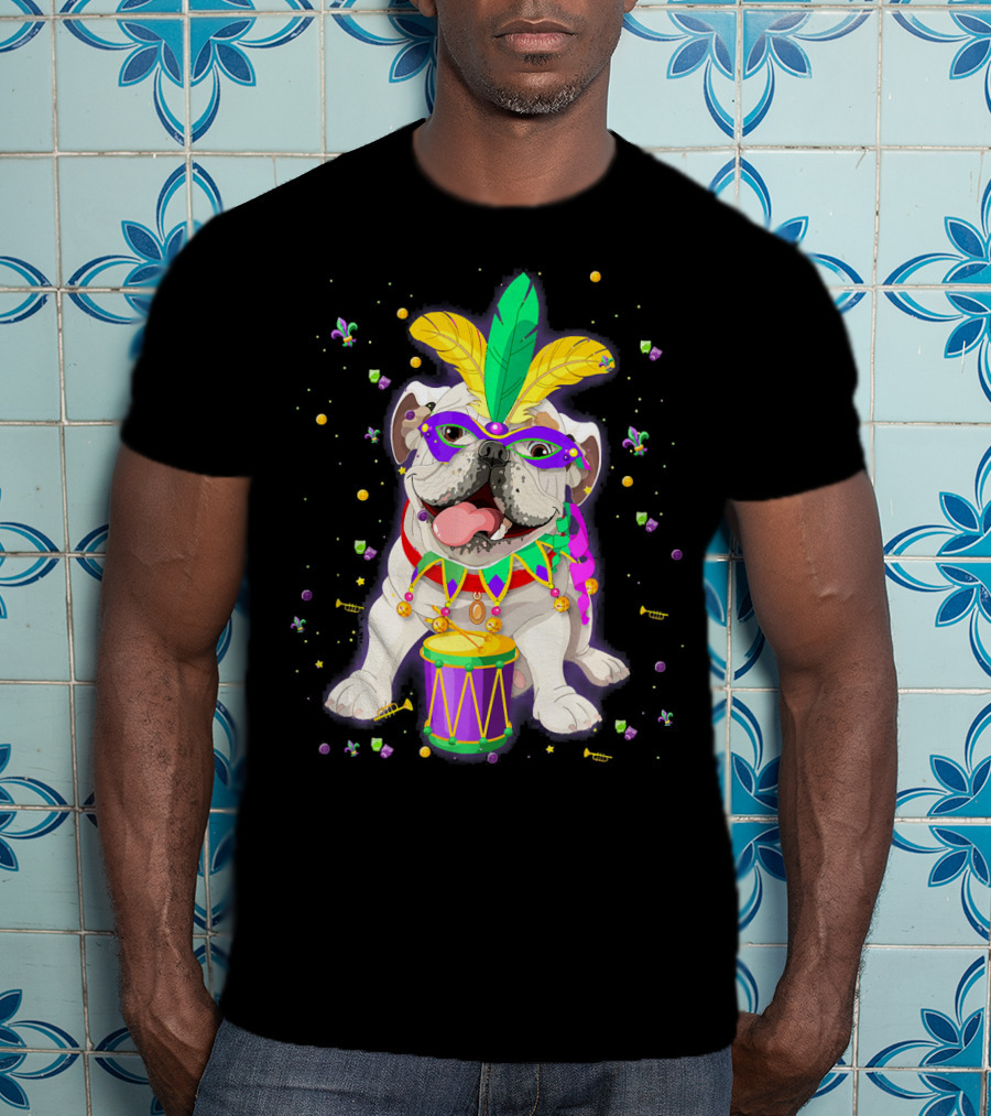 Mardi Gras Bulldog With Mask Beads And Drum T-Shirt