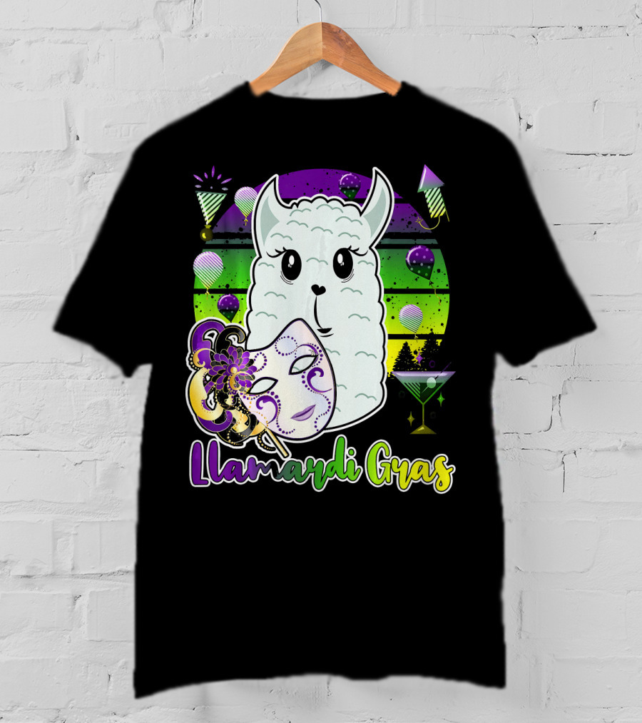 Llamardi Gras Mardi Gras Carnival Mask And Llama With Cocktail And Party Elements T-Shirt