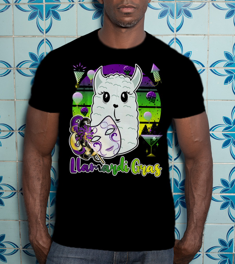 Llamardi Gras Mardi Gras Carnival Mask And Llama With Cocktail And Party Elements T-Shirt