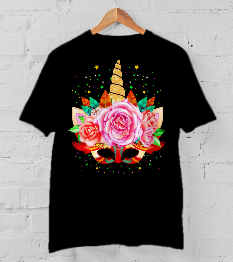 Mardi Gras Unicorn Mask With Roses And Feathers T-Shirt