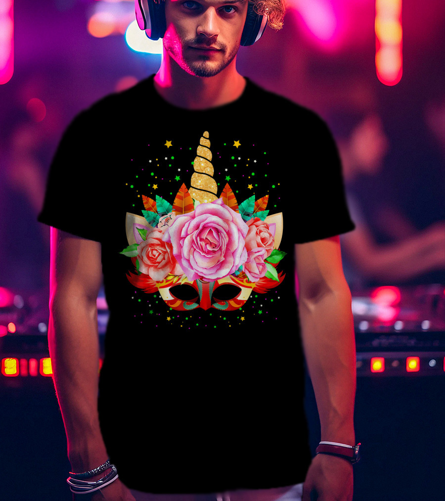 Mardi Gras Unicorn Mask With Roses And Feathers T-Shirt