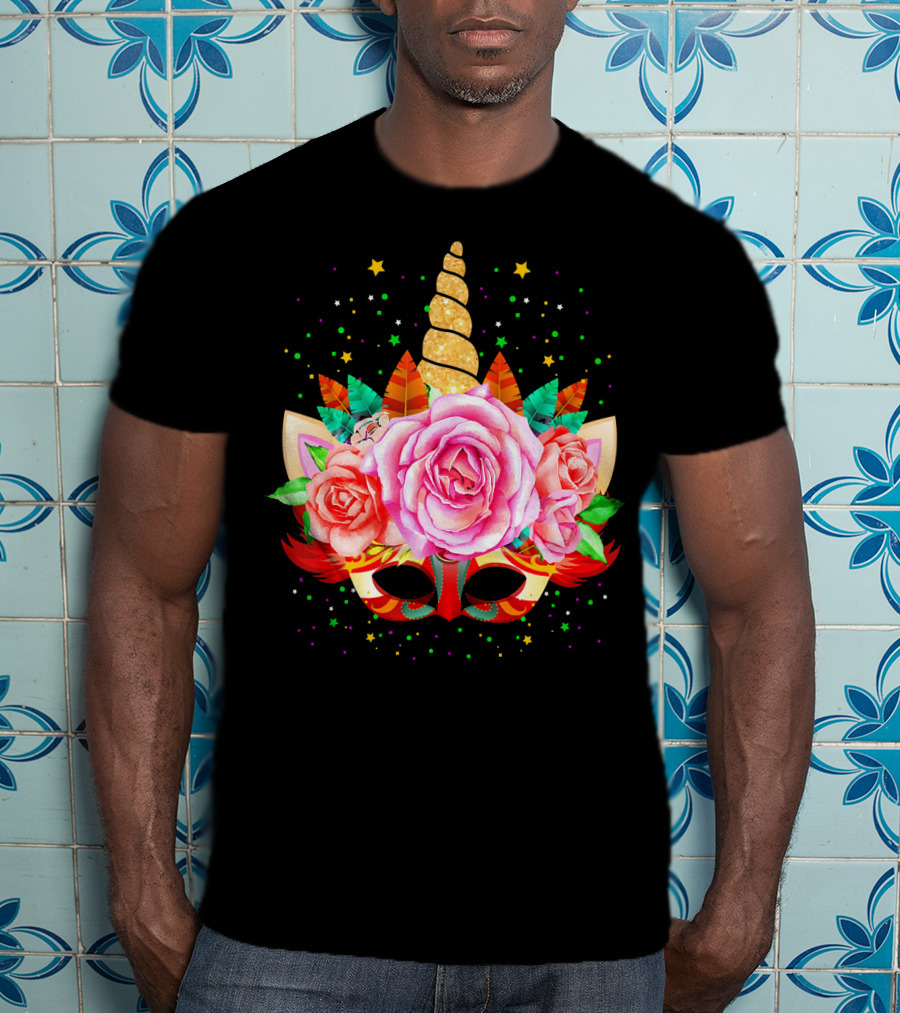 Mardi Gras Unicorn Mask With Roses And Feathers T-Shirt