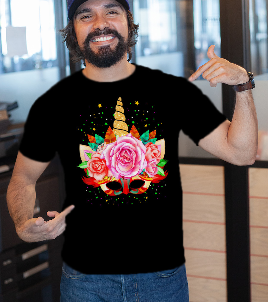 Mardi Gras Unicorn Mask With Roses And Feathers T-Shirt