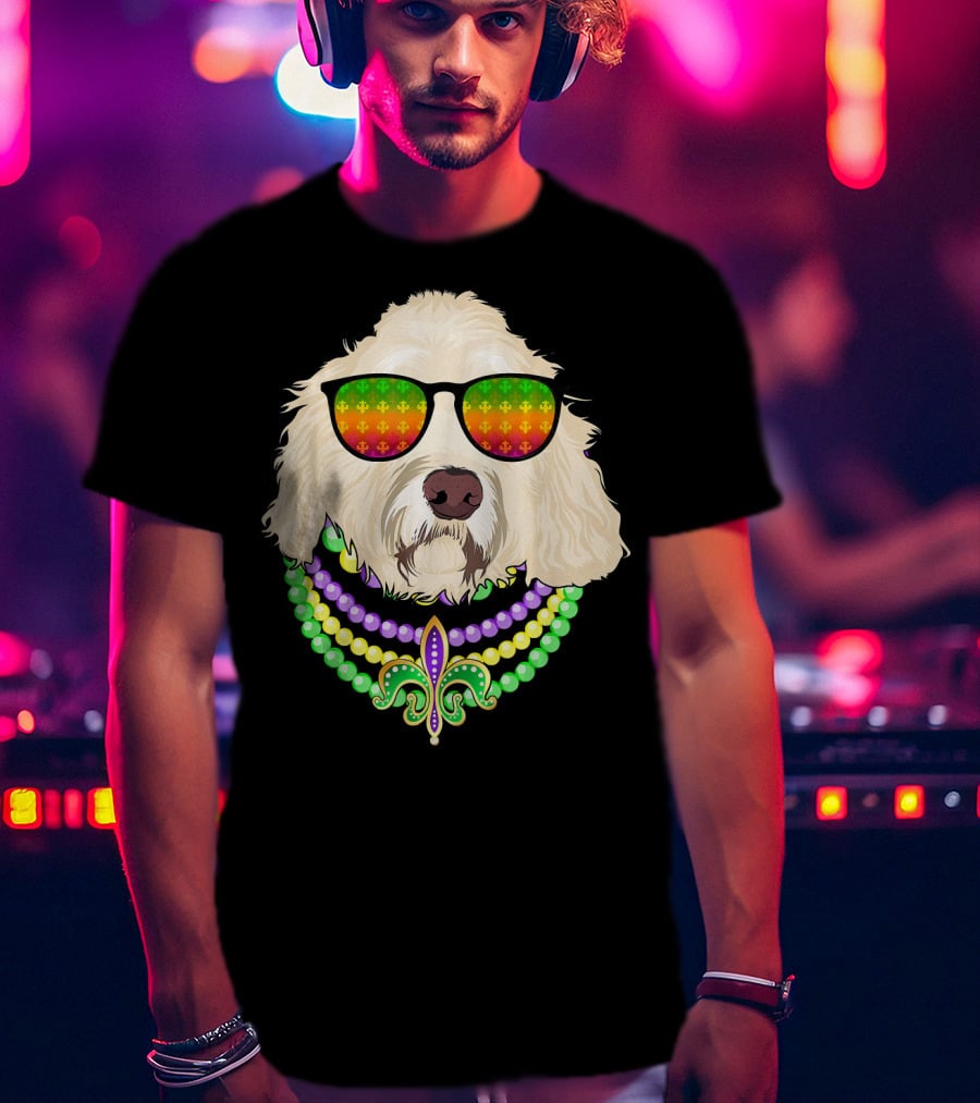 Goldendoodle In Beads And Shades Mardi Gras Fleur-de-Lis T-Shirt