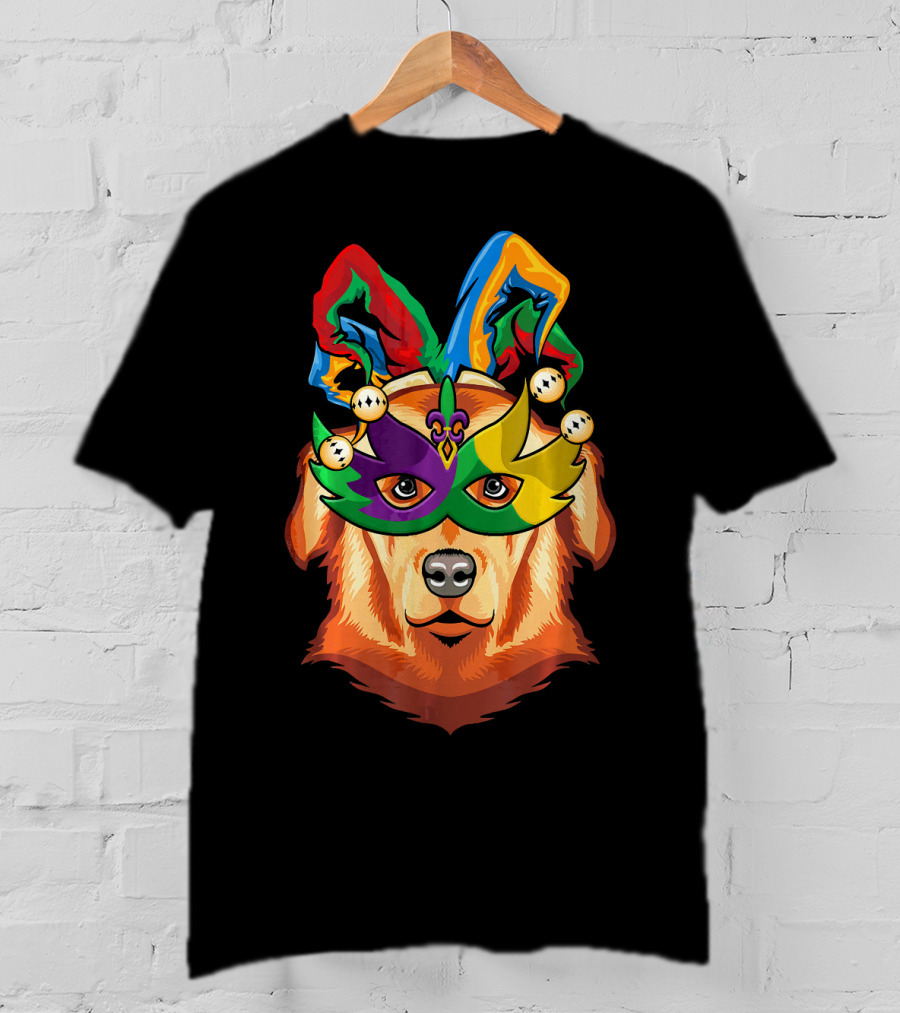 Golden Retriever Jester Mask Mardi Gras Beads Fleur-de-Lis T-Shirt