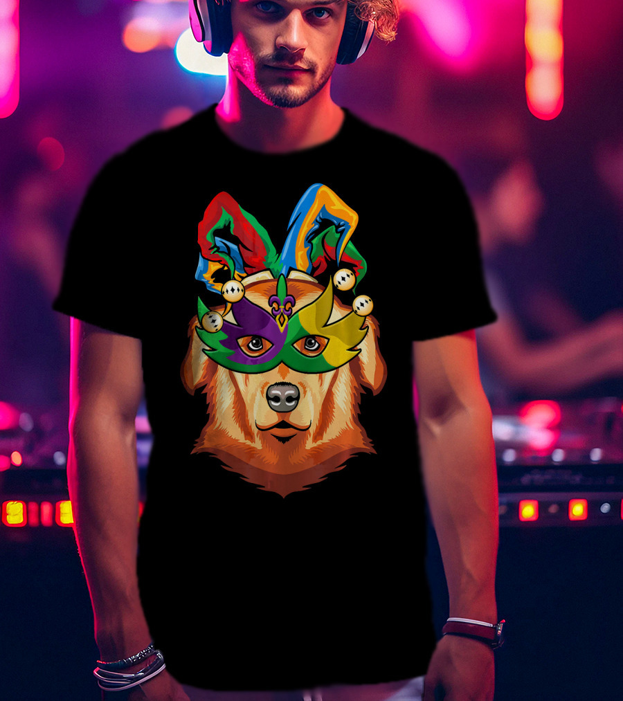 Golden Retriever Jester Mask Mardi Gras Beads Fleur-de-Lis T-Shirt