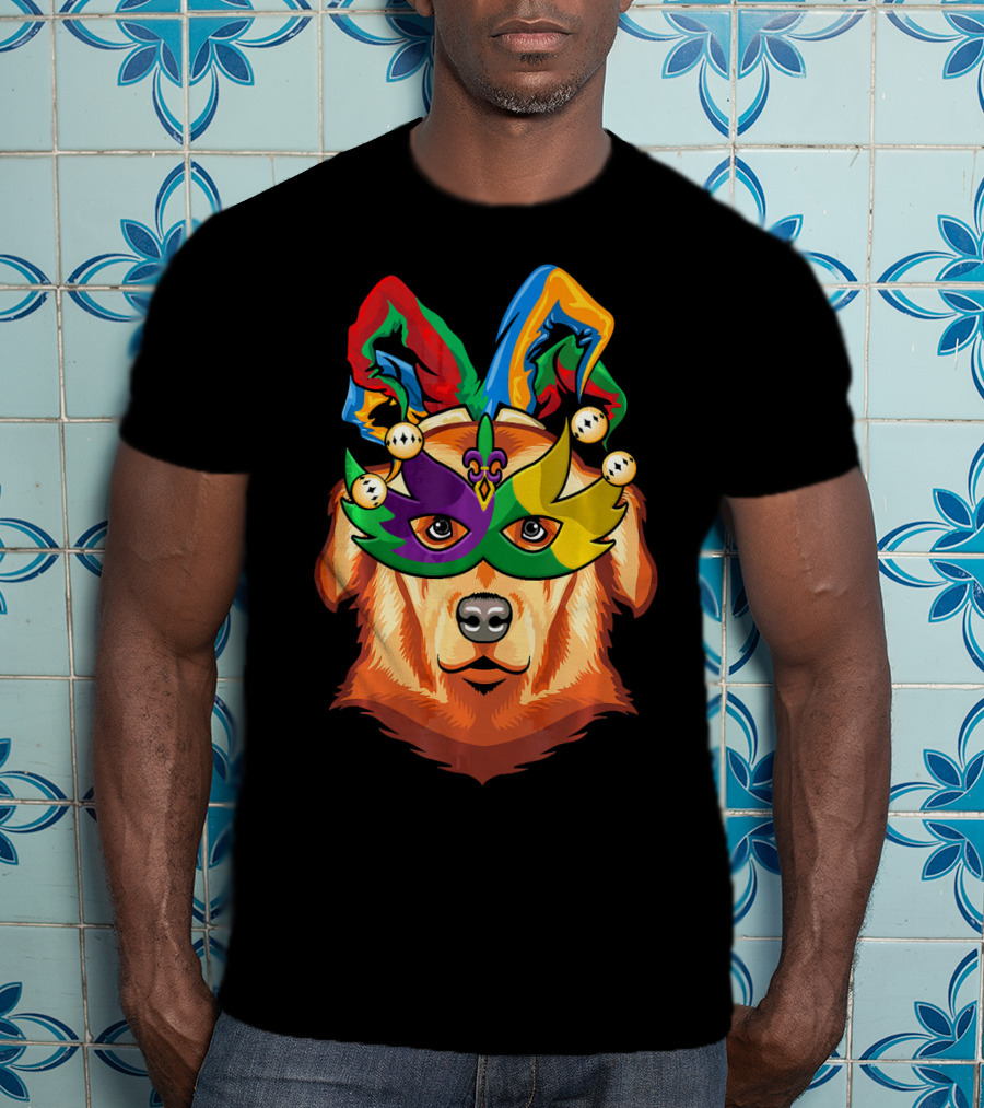 Golden Retriever Jester Mask Mardi Gras Beads Fleur-de-Lis T-Shirt