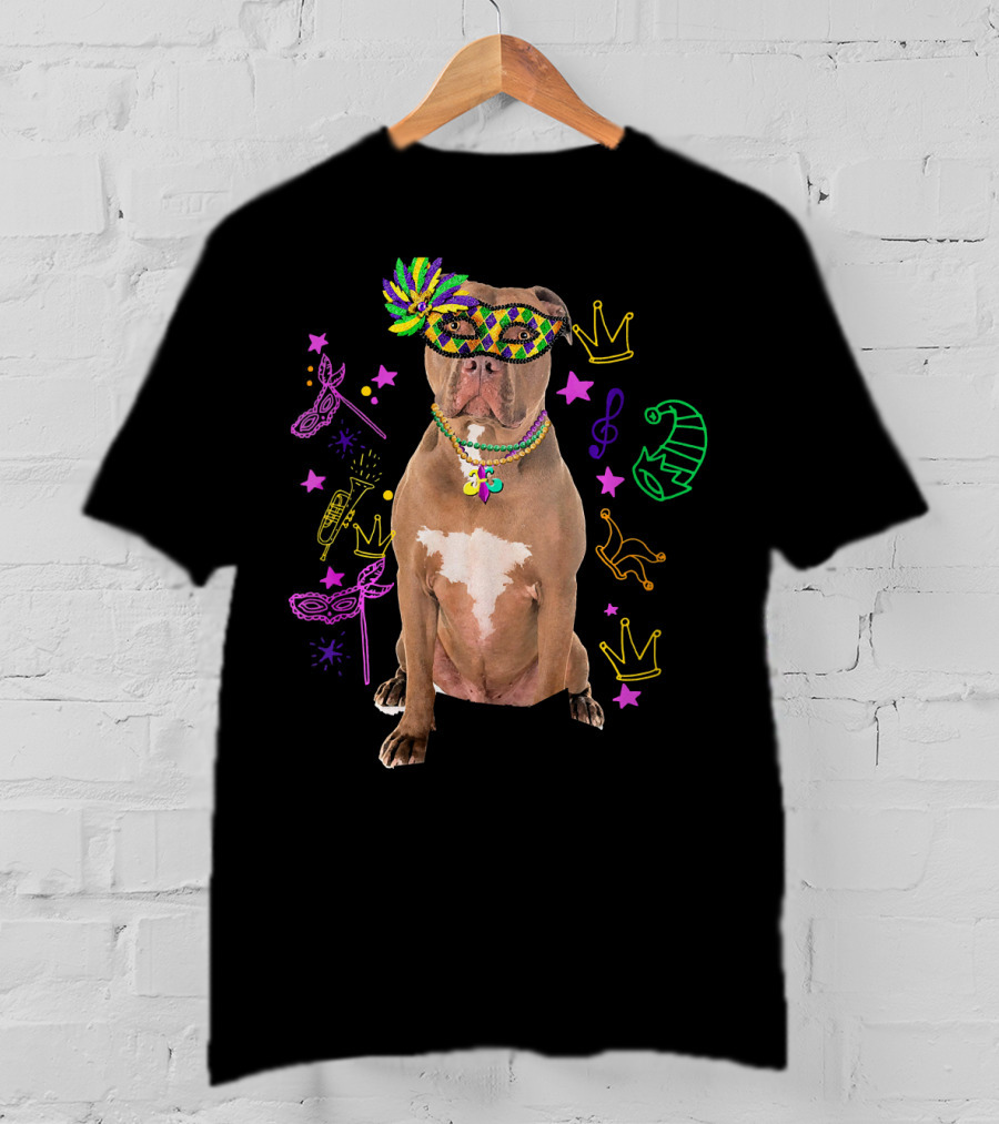 Pit Bull Mardi Gras Dog Mom Party Festive Mask Beads Crowns Music Notes T-Shirt