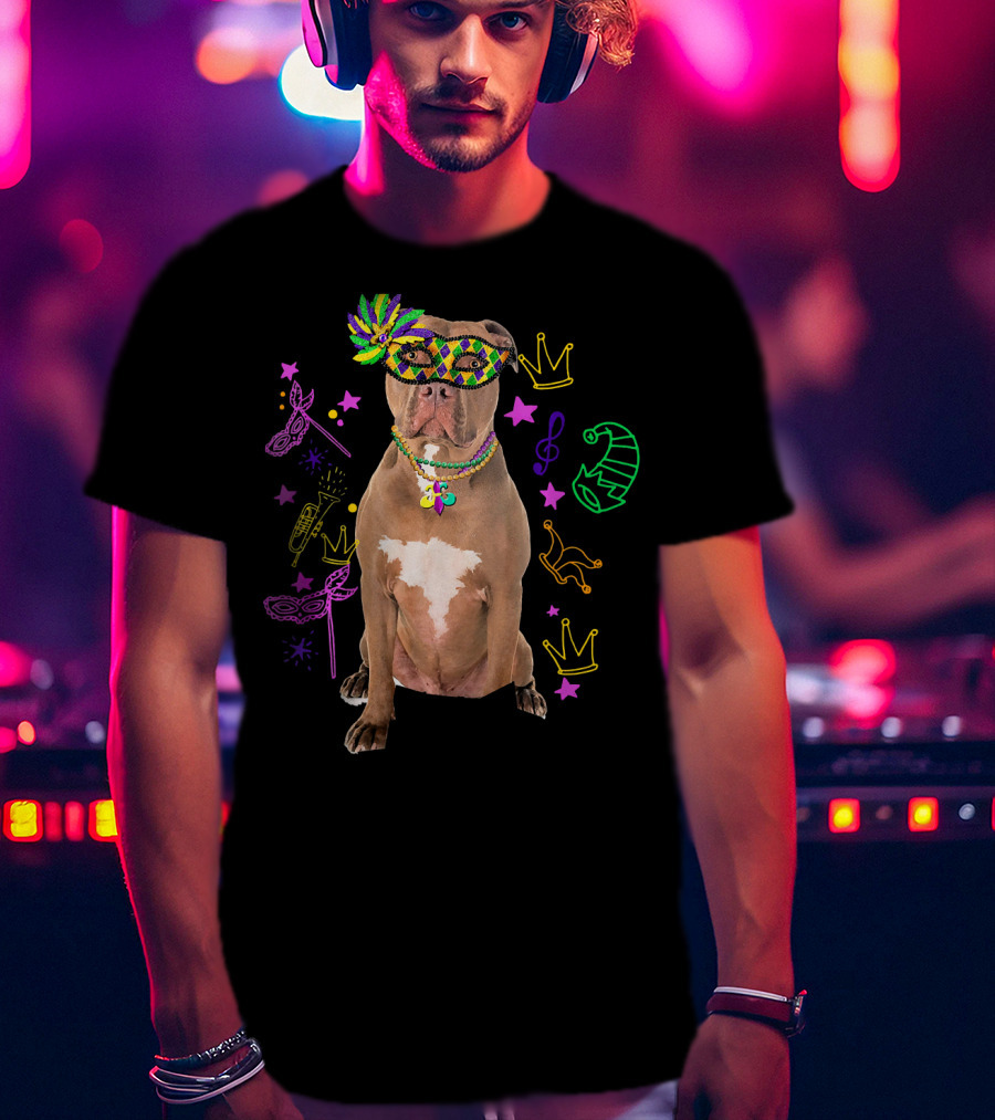 Pit Bull Mardi Gras Dog Mom Party Festive Mask Beads Crowns Music Notes T-Shirt