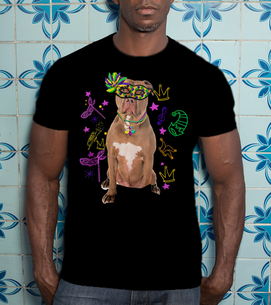 Pit Bull Mardi Gras Dog Mom Party Festive Mask Beads Crowns Music Notes T-Shirt