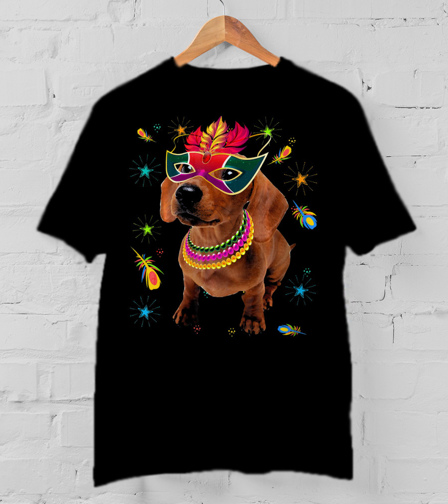Dachshund Wearing Mardi Gras Mask And Colorful Beads Surrounded By Festive Stars And Feathers T-Shirt