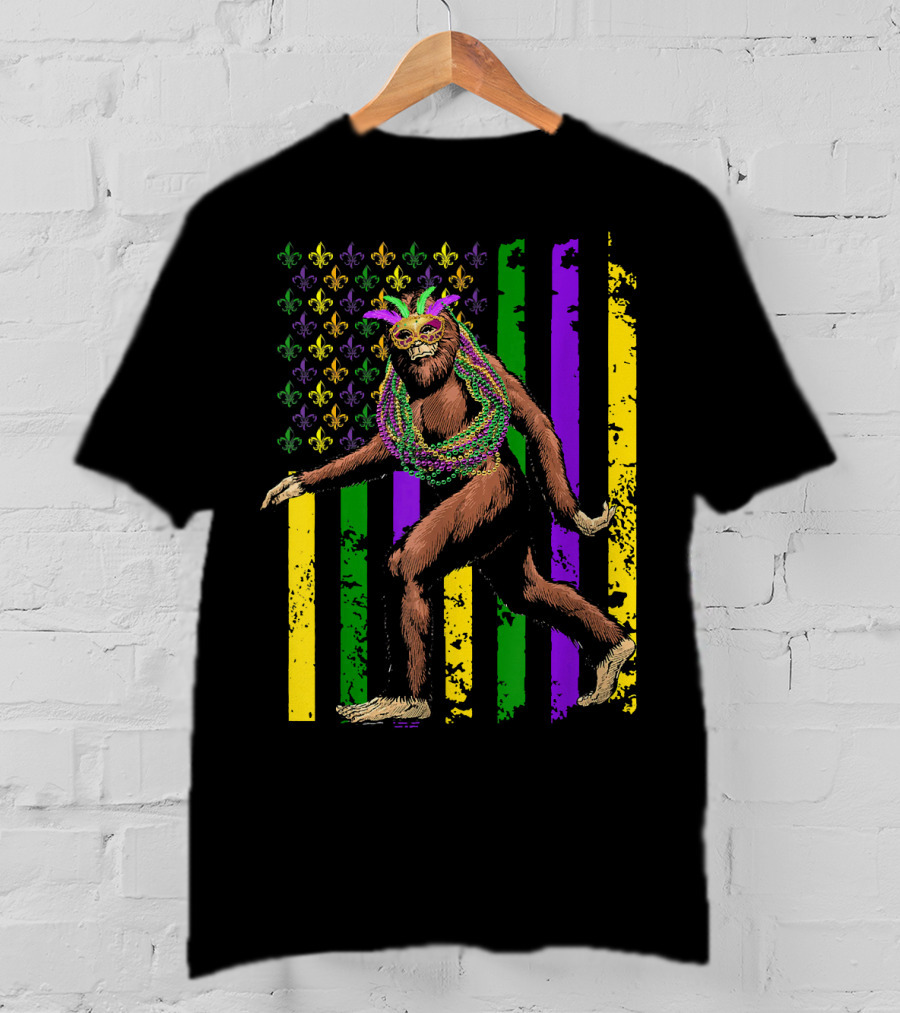 Bigfoot Mardi Gras Beads Fleur-de-Lis American Flag Stripes T-Shirt