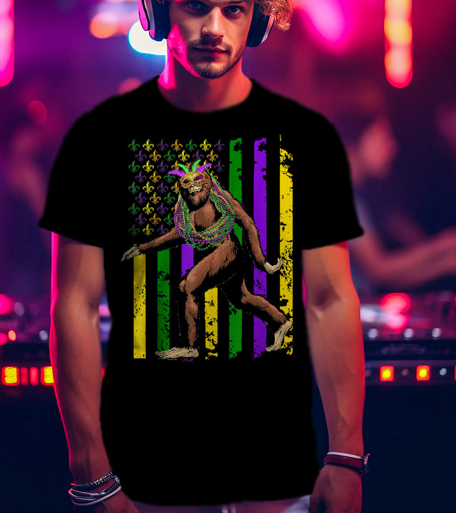 Bigfoot Mardi Gras Beads Fleur-de-Lis American Flag Stripes T-Shirt