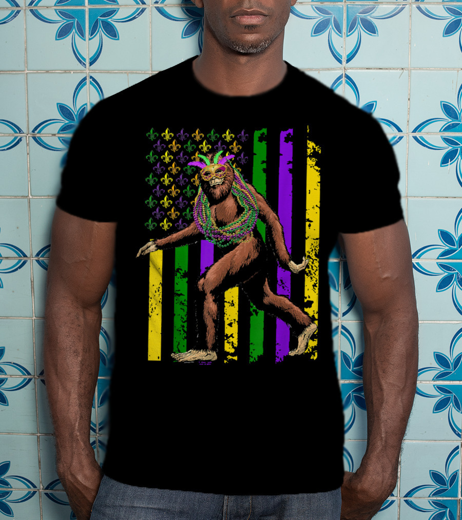 Bigfoot Mardi Gras Beads Fleur-de-Lis American Flag Stripes T-Shirt