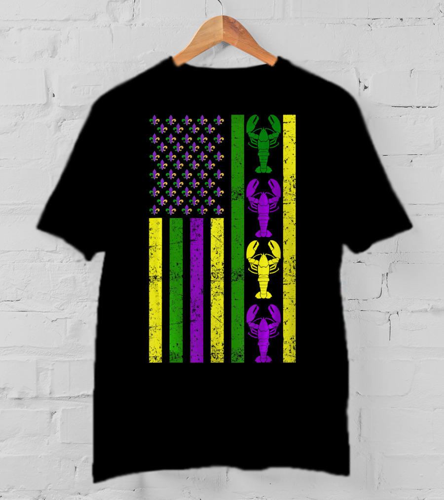 US Mardi Gras New Orleans Crawfish Fleur-de-Lis Flag T-Shirt