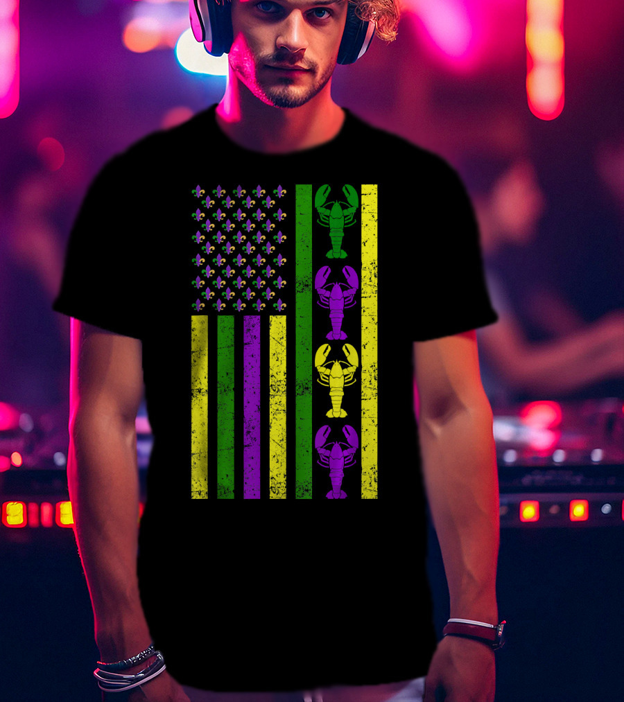 US Mardi Gras New Orleans Crawfish Fleur-de-Lis Flag T-Shirt