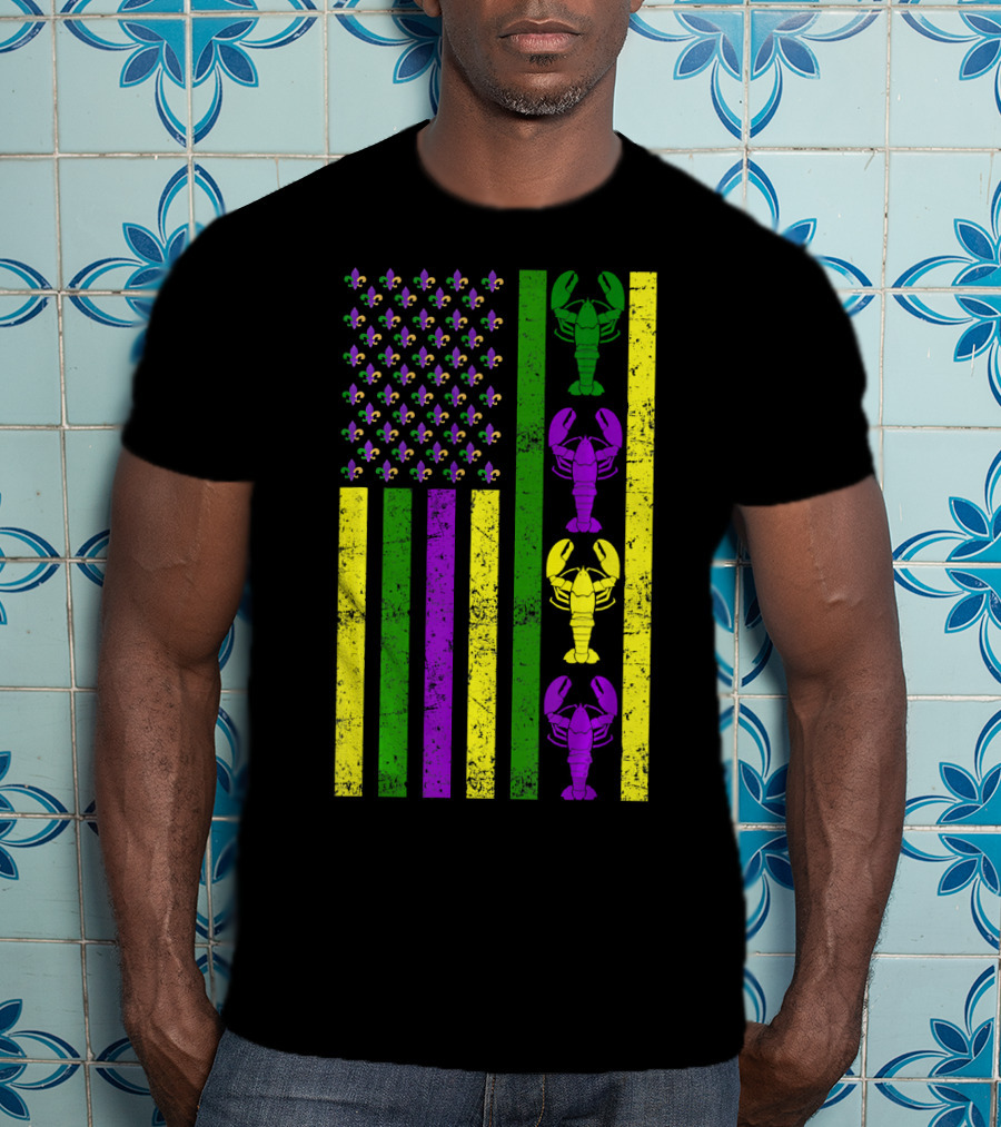 US Mardi Gras New Orleans Crawfish Fleur-de-Lis Flag T-Shirt
