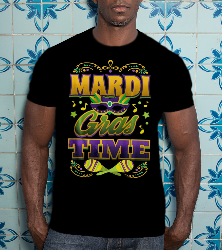 Mardi Gras Time Mask Music Notes Maracas T-Shirt