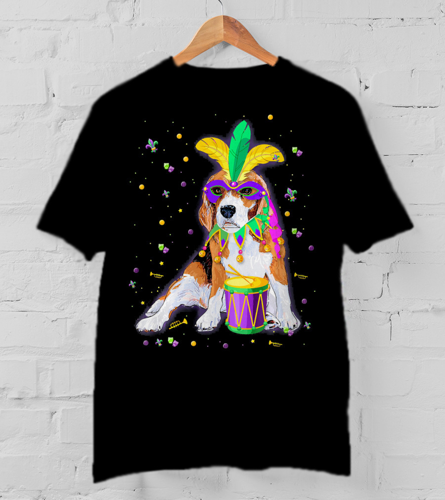 Mardi Gras Beagle In Mask With Feathers And Drum T-Shirt