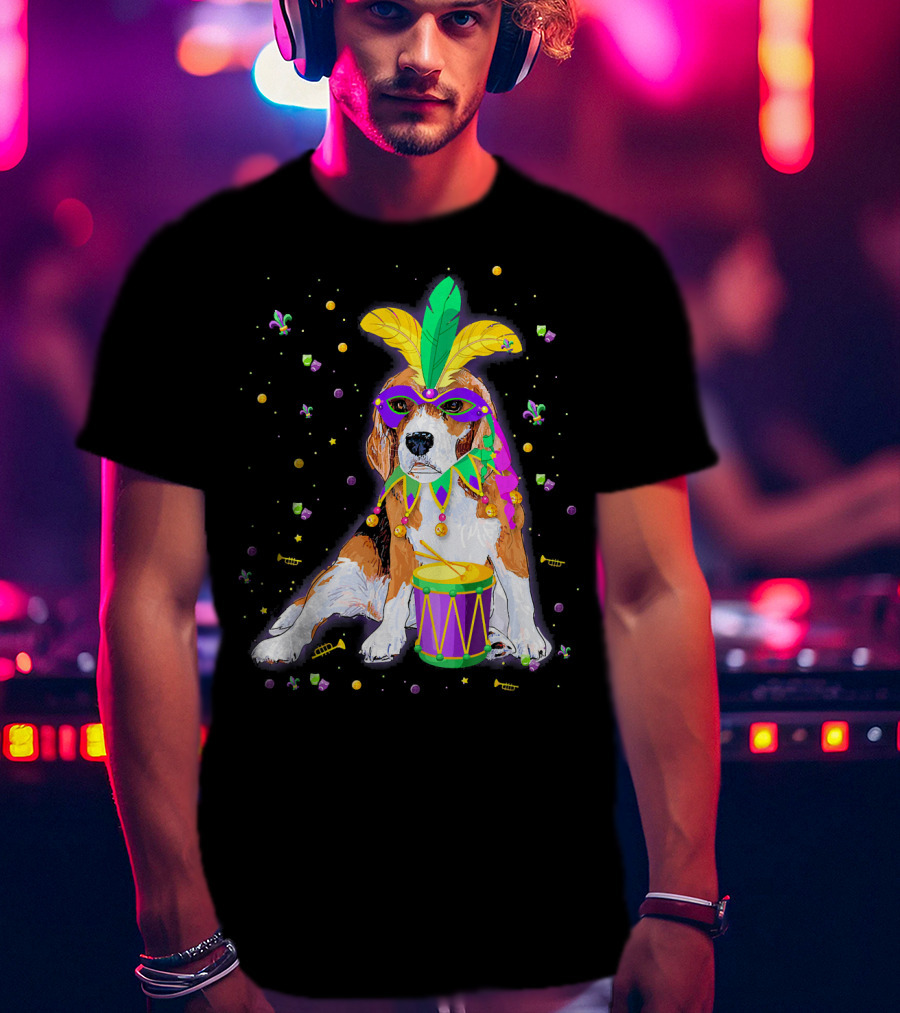 Mardi Gras Beagle In Mask With Feathers And Drum T-Shirt