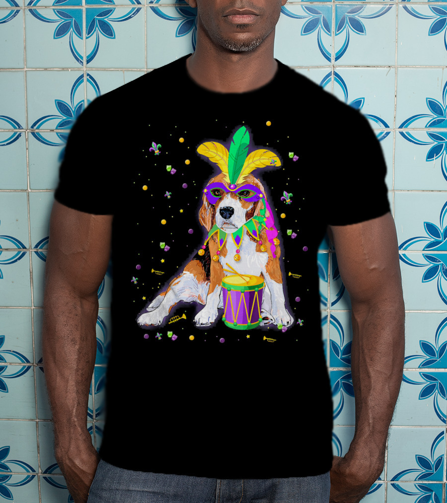 Mardi Gras Beagle In Mask With Feathers And Drum T-Shirt