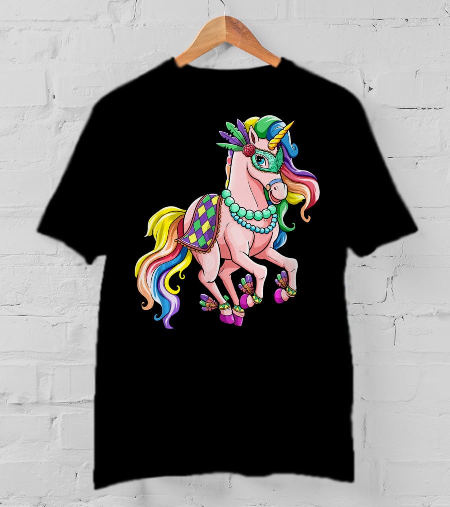 Kids Mardi Gras Unicorn With Colorful Mask And Beads T-Shirt