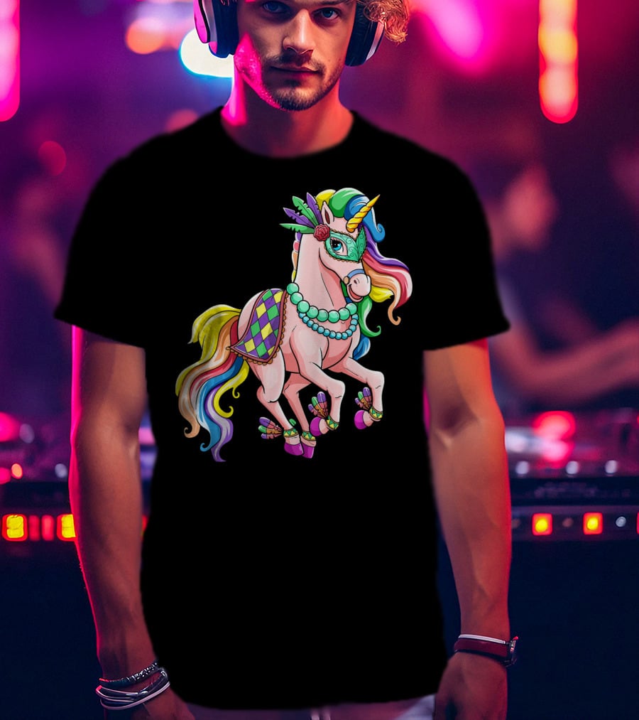 Kids Mardi Gras Unicorn With Colorful Mask And Beads T-Shirt