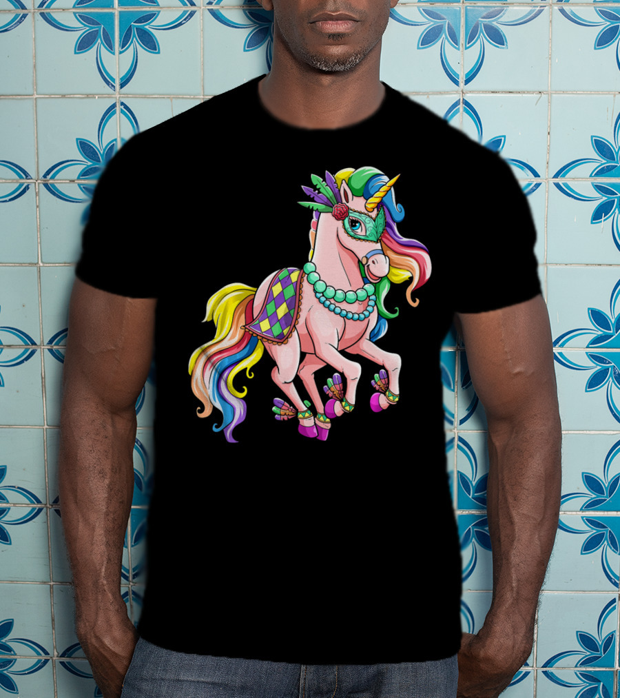 Kids Mardi Gras Unicorn With Colorful Mask And Beads T-Shirt