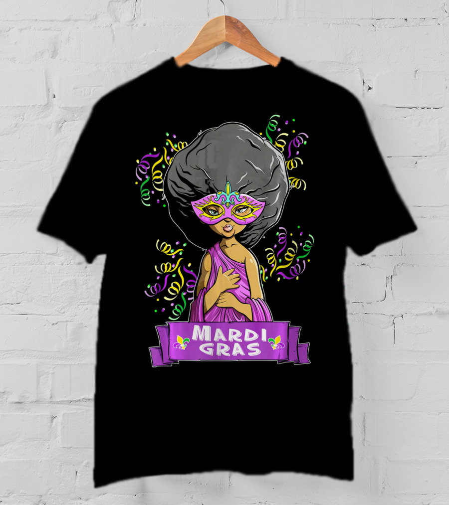 Mardi Gras Woman In Mask With Afro And Purple Dress T-Shirt