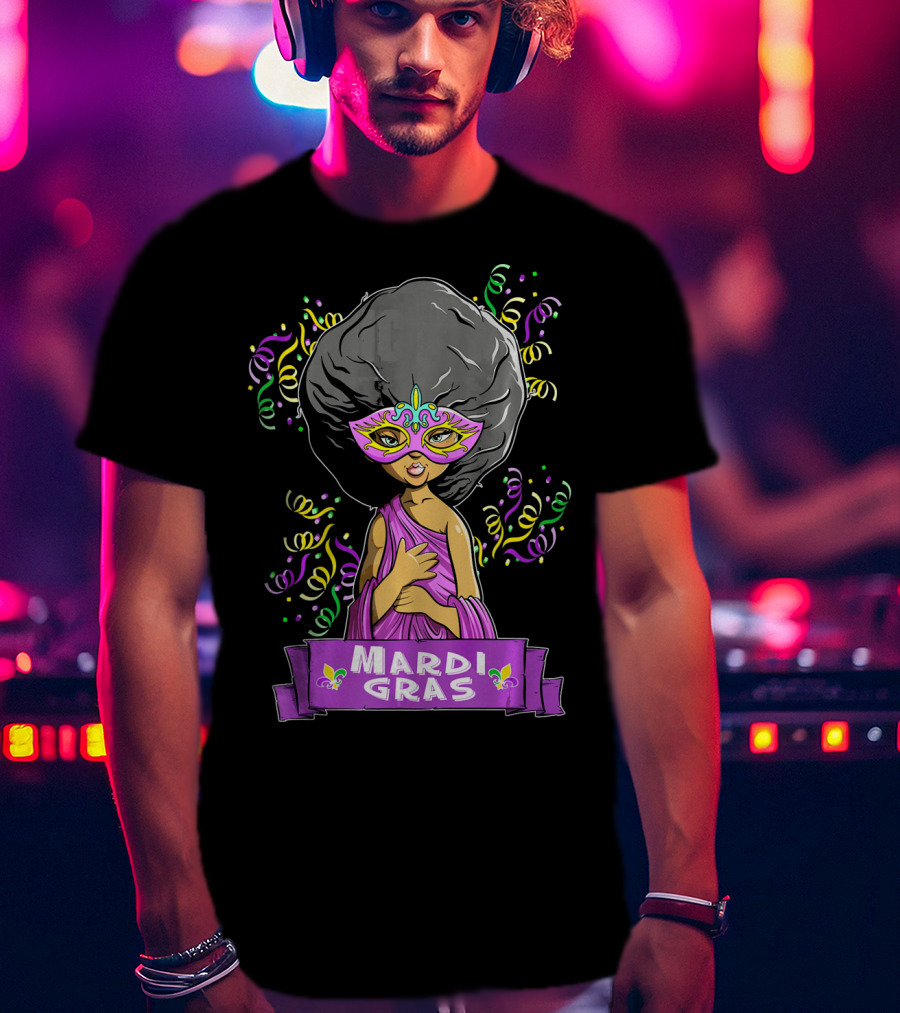 Mardi Gras Woman In Mask With Afro And Purple Dress T-Shirt