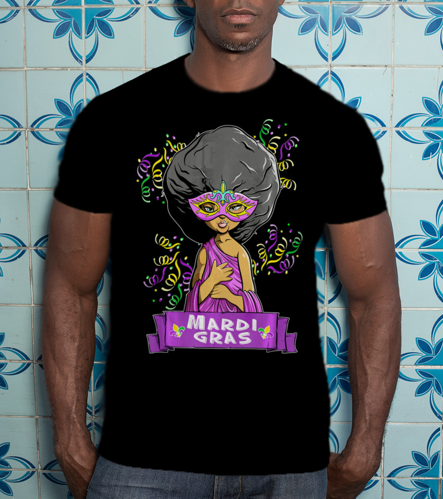 Mardi Gras Woman In Mask With Afro And Purple Dress T-Shirt