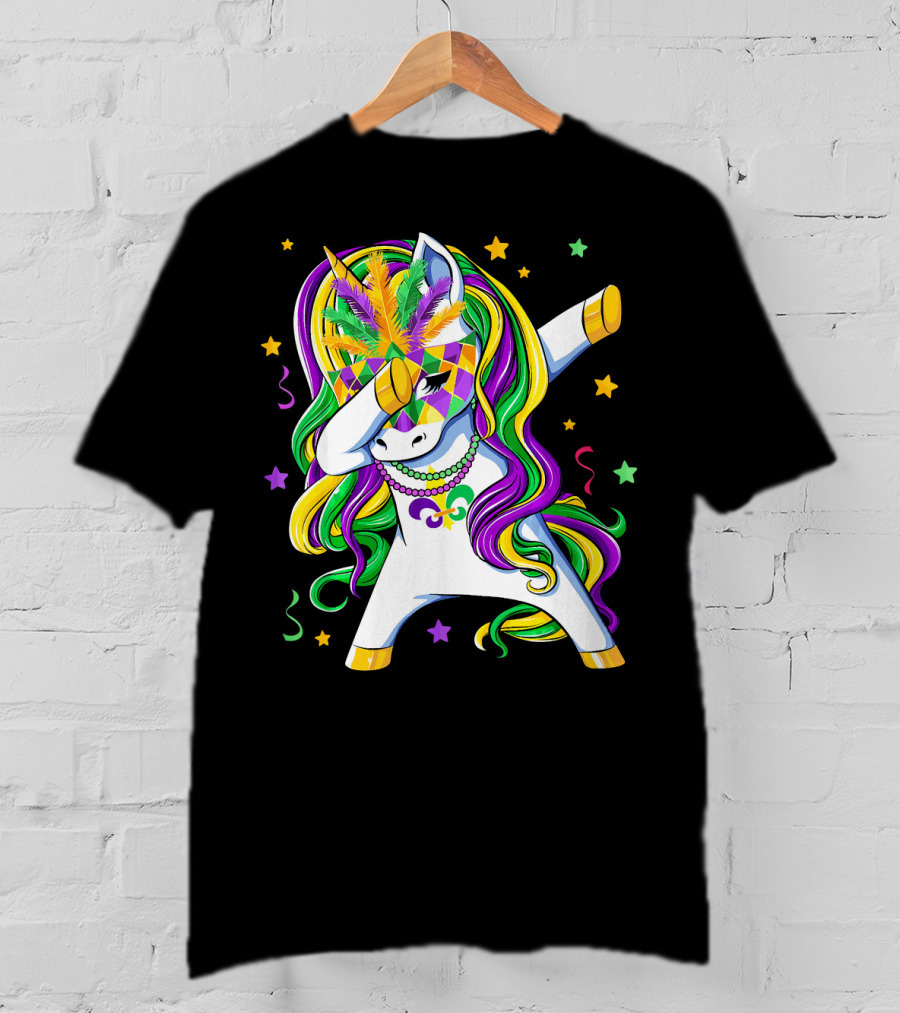 Dabbing Unicorn Mardi Gras Masquerade Beads Costume Carnival T-Shirt