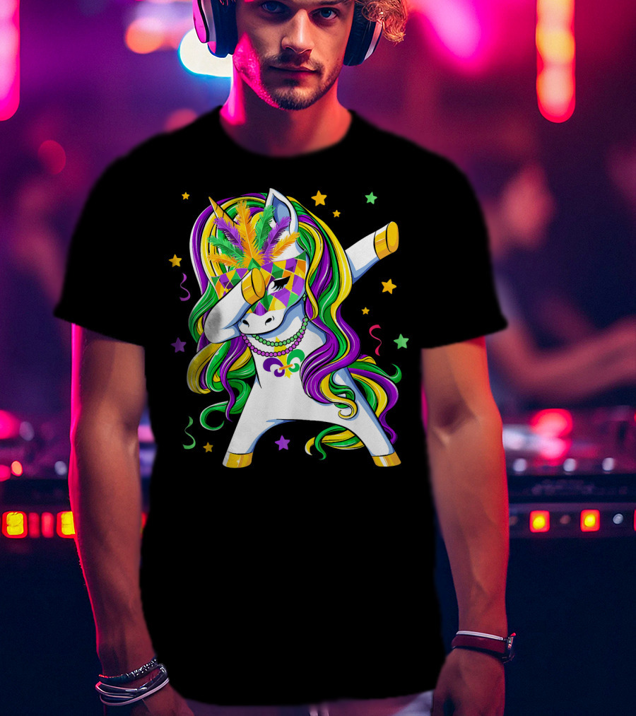 Dabbing Unicorn Mardi Gras Masquerade Beads Costume Carnival T-Shirt