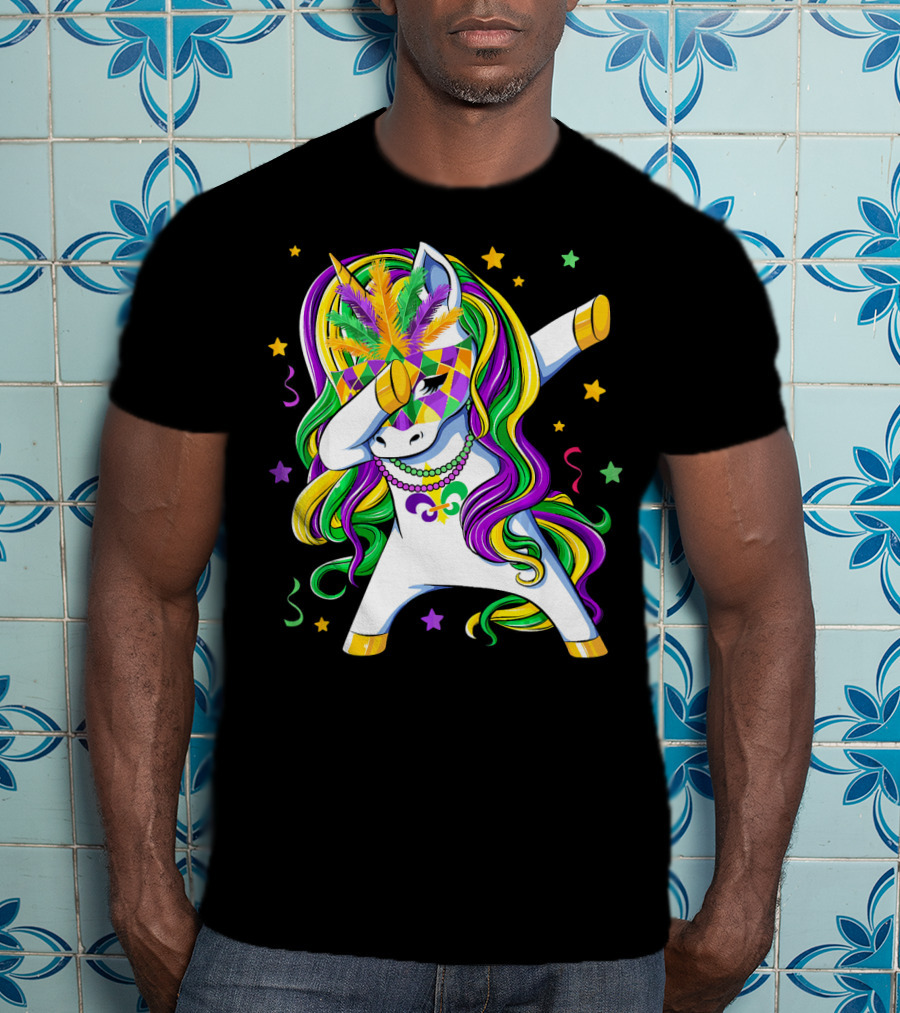 Dabbing Unicorn Mardi Gras Masquerade Beads Costume Carnival T-Shirt