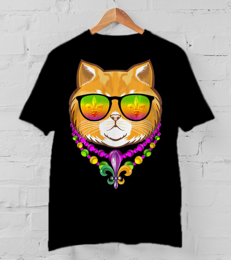 Mardi Gras Cat With Beads And Fleur-de-Lis Sunglasses T-Shirt