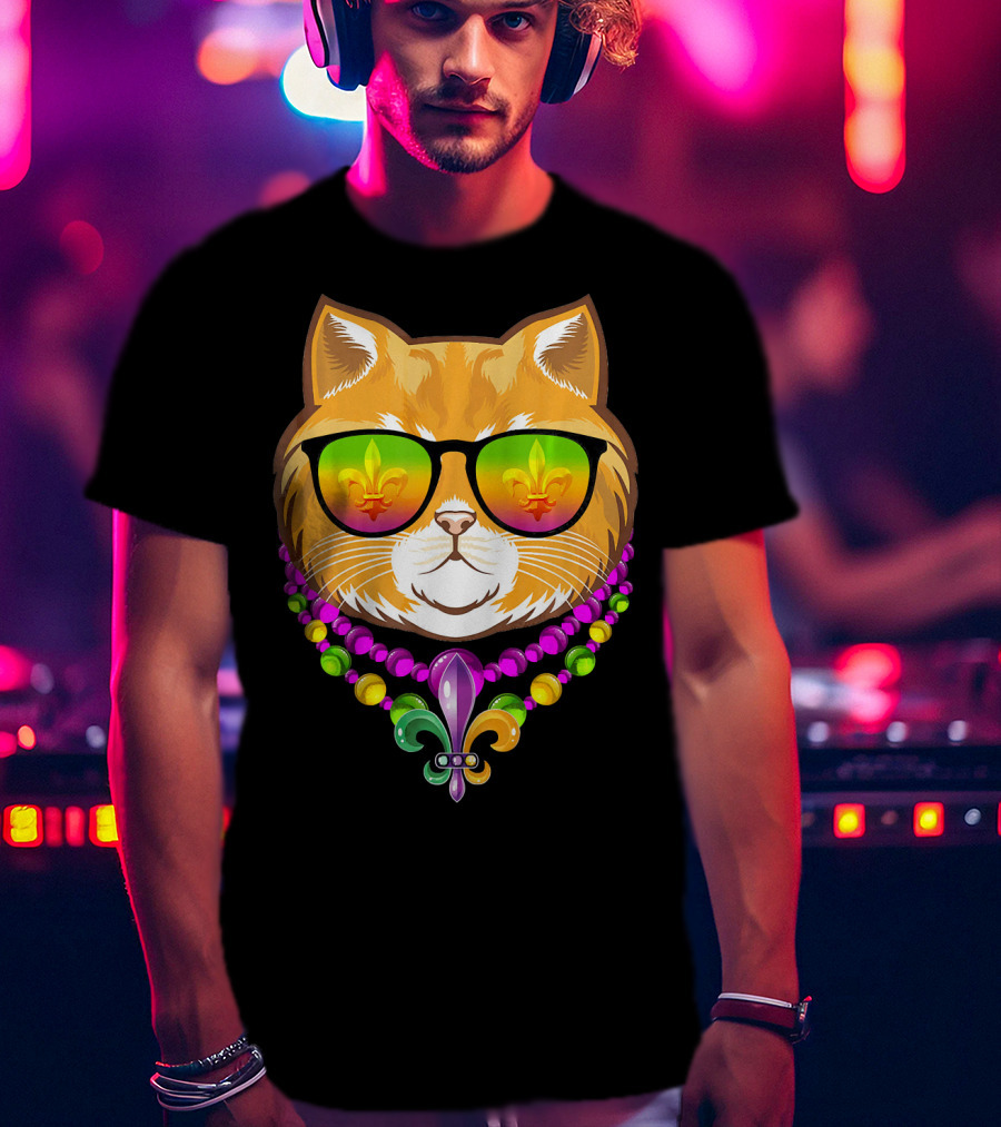 Mardi Gras Cat With Beads And Fleur-de-Lis Sunglasses T-Shirt