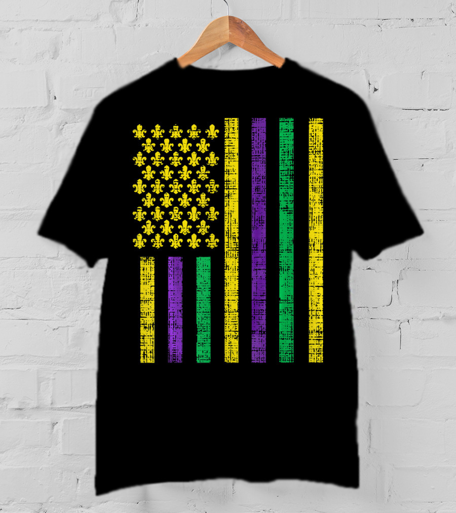 Purple Green Yellow Fleur-de-Lis US Flag Jester T-Shirt