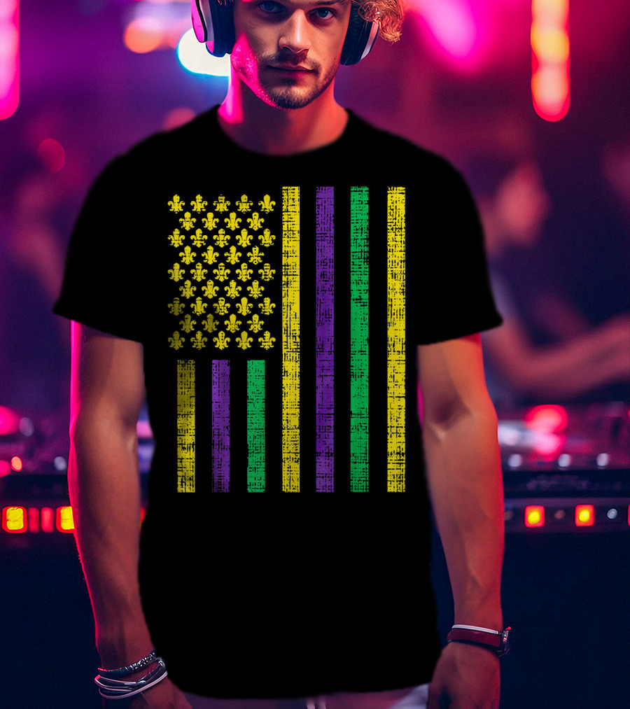 Purple Green Yellow Fleur-de-Lis US Flag Jester T-Shirt
