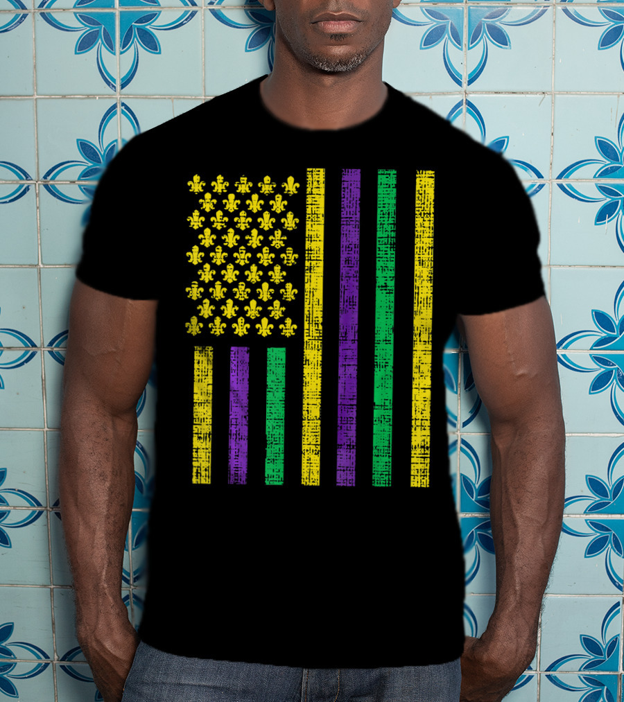 Purple Green Yellow Fleur-de-Lis US Flag Jester T-Shirt