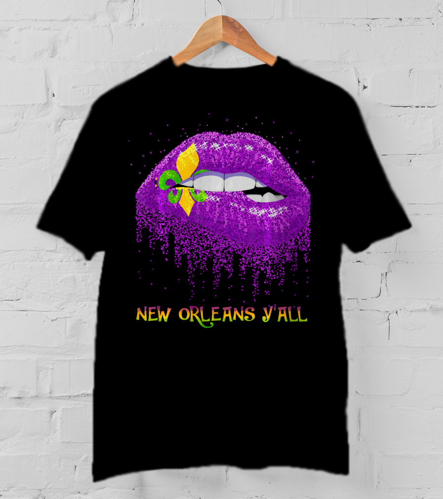 Fleur De Lys Purple Lips Biting New Orleans Y'all T-Shirt