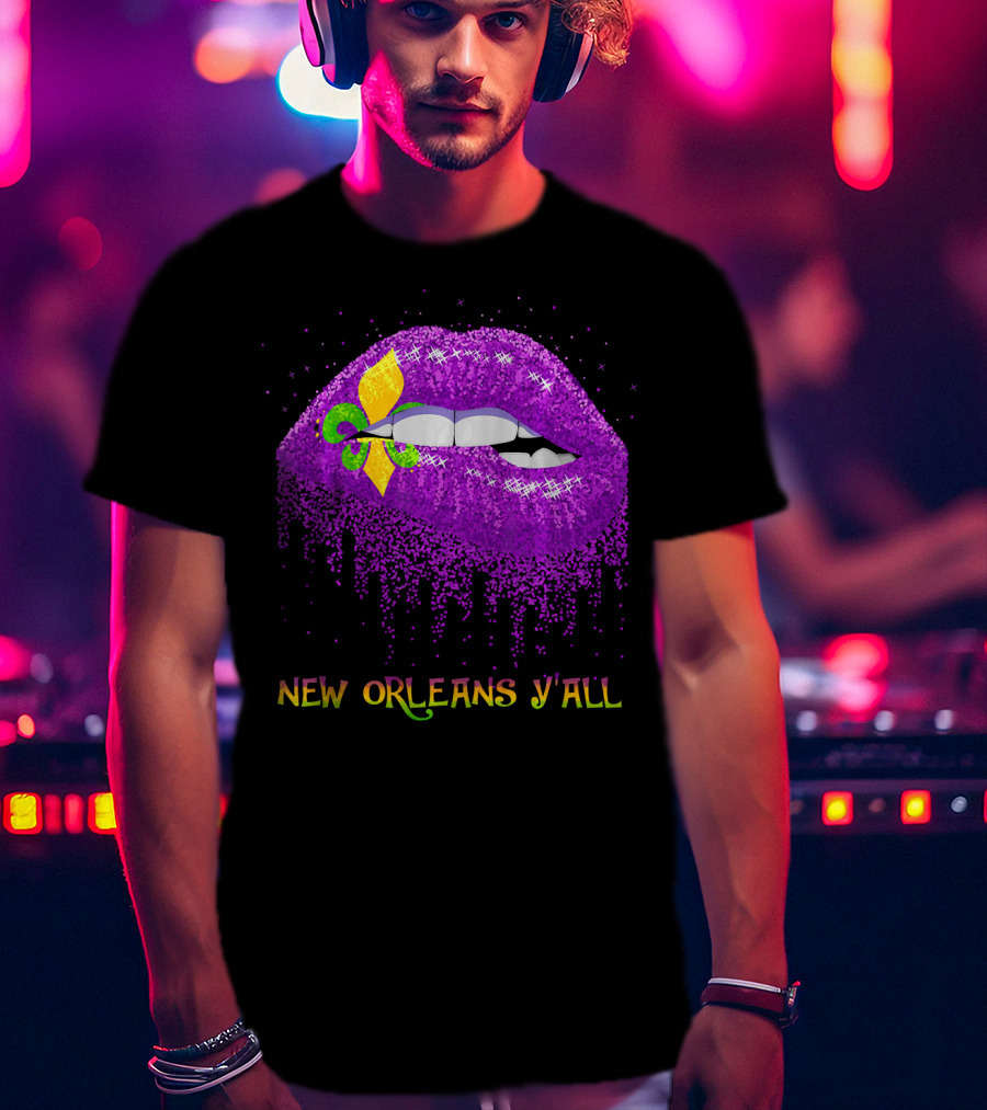 Fleur De Lys Purple Lips Biting New Orleans Y'all T-Shirt