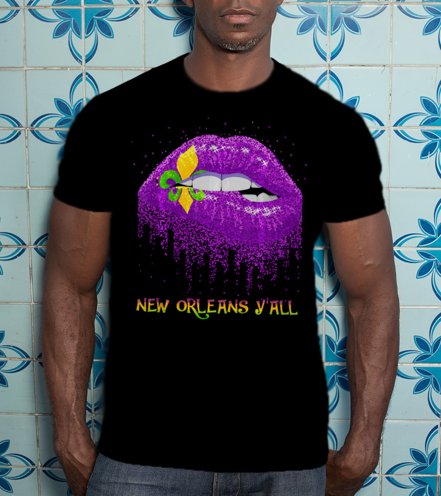 Fleur De Lys Purple Lips Biting New Orleans Y'all T-Shirt