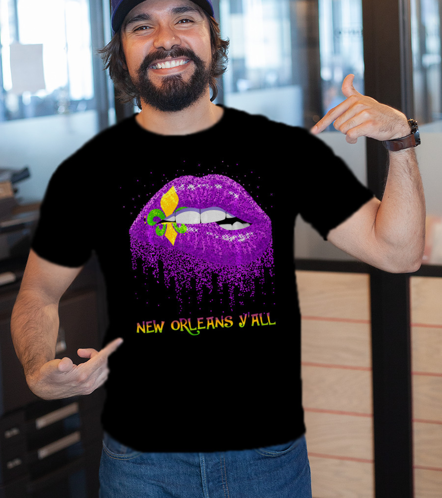 Fleur De Lys Purple Lips Biting New Orleans Y'all T-Shirt
