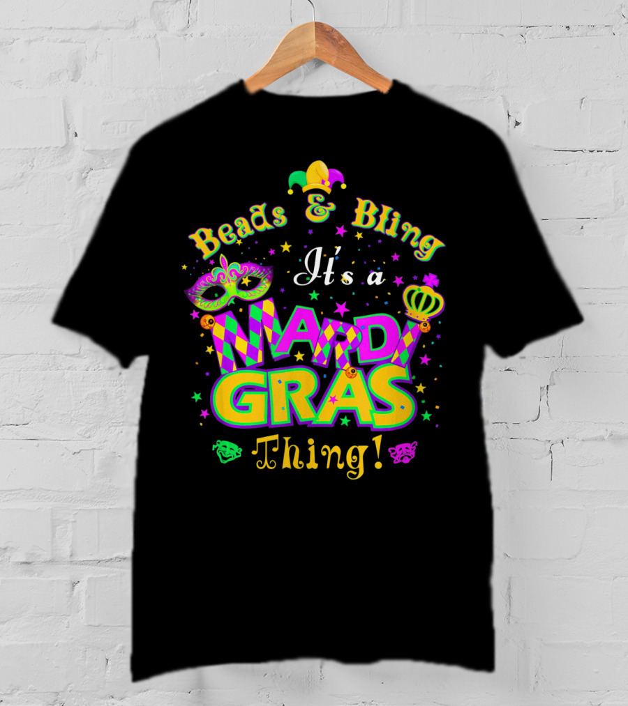 Beads And Bling It's A Mardi Gras Thing Mask Jester Crown Stars T-Shirt