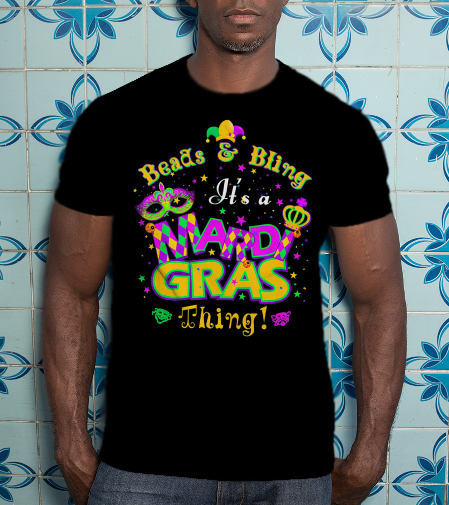 Beads And Bling It's A Mardi Gras Thing Mask Jester Crown Stars T-Shirt
