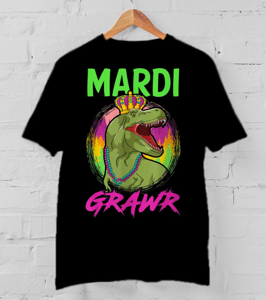 Mardi Grawr Rex Dinosaur In Beads And Crown With Rainbow Sunset T-Shirt