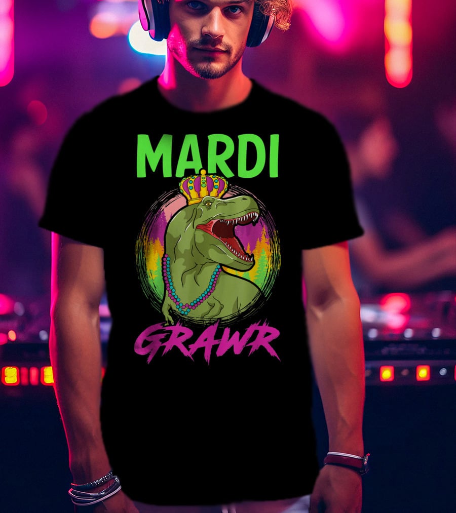 Mardi Grawr Rex Dinosaur In Beads And Crown With Rainbow Sunset T-Shirt