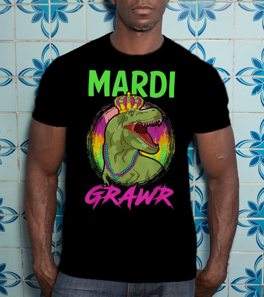 Mardi Grawr Rex Dinosaur In Beads And Crown With Rainbow Sunset T-Shirt