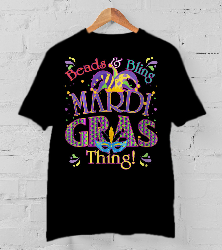 Beads And Bling Mardi Gras Thing Jester Hat Mask Confetti T-Shirt