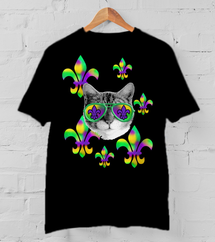 Mardi Gras Cat Wearing Tie Dye Fleur De Lis Sunglasses T-Shirt